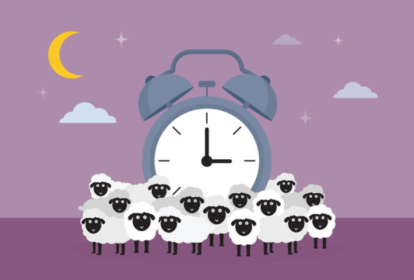 Happy white and black-faced sheep clustered around a big gray alarm clock; crescent moon and clouds against lilac background, concept sleep